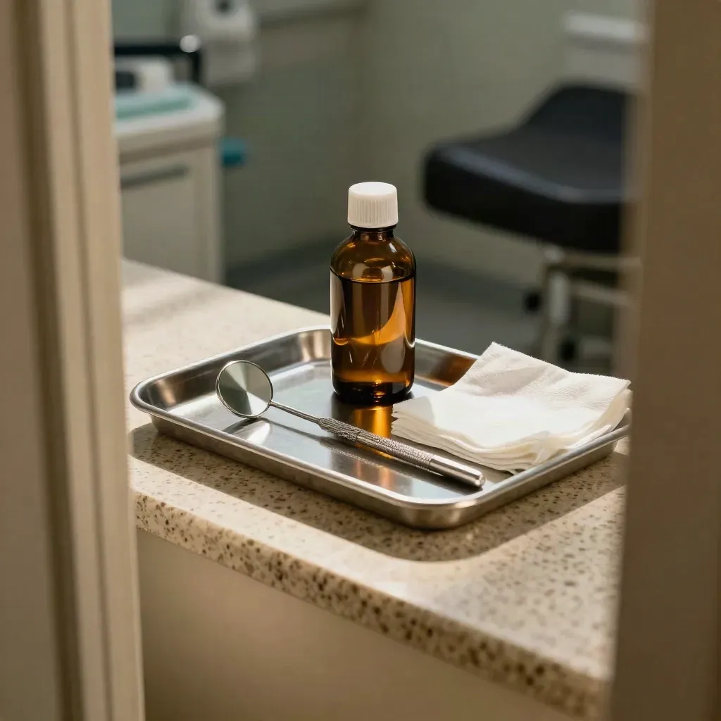 Dental mirror, tray, amber bottle and gauze on travertine in dramatic studio light.