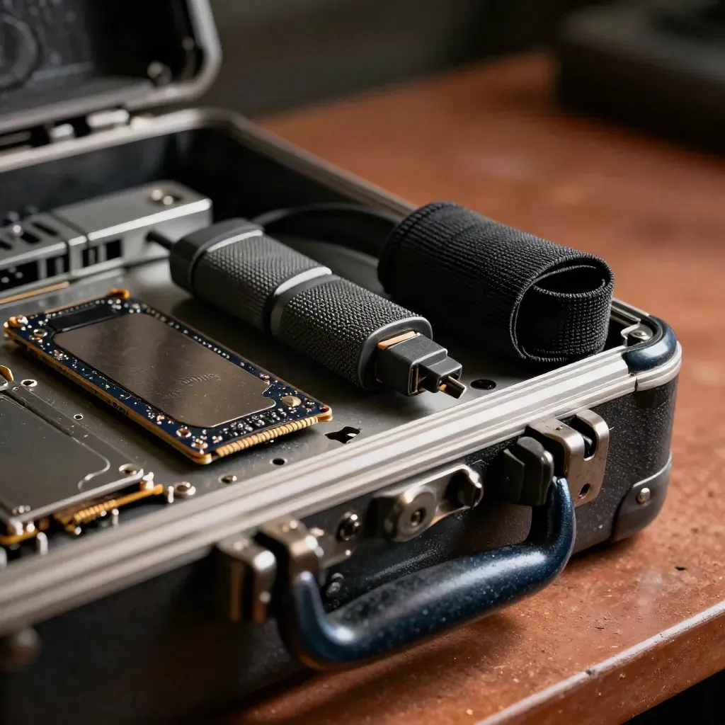 Close-up of migration kit hardware in a rugged case on a terracotta workbench, lit dramatically.