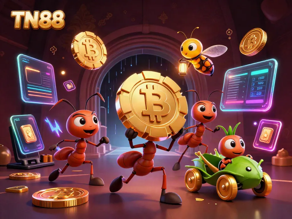 Experience TN88 as cartoon ants execute a heist with a giant poker chip amidst vibrant casino elements.