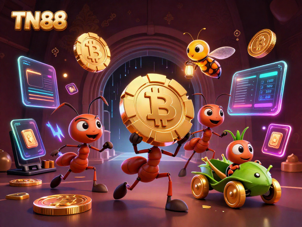 Experience TN88 as cartoon ants execute a heist with a giant poker chip amidst vibrant casino elements.