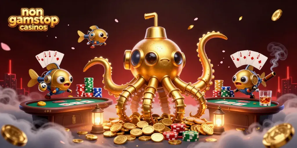 Engage with top non gamstop casinos using poker tables and golden coins in this dazzling 3D scene.