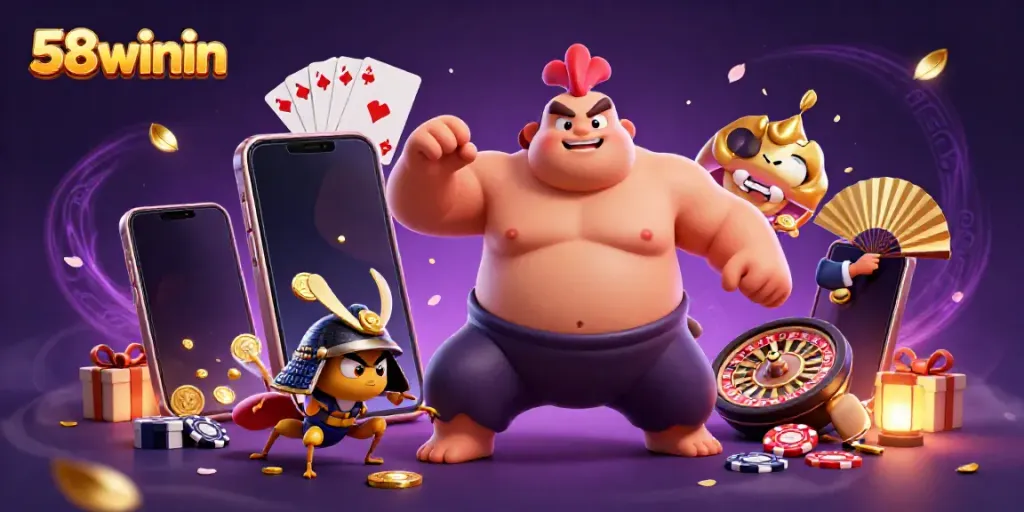 Experience thrilling gameplay with 58winin, featuring costumes, games, and exciting winnings in a vibrant casino scene.