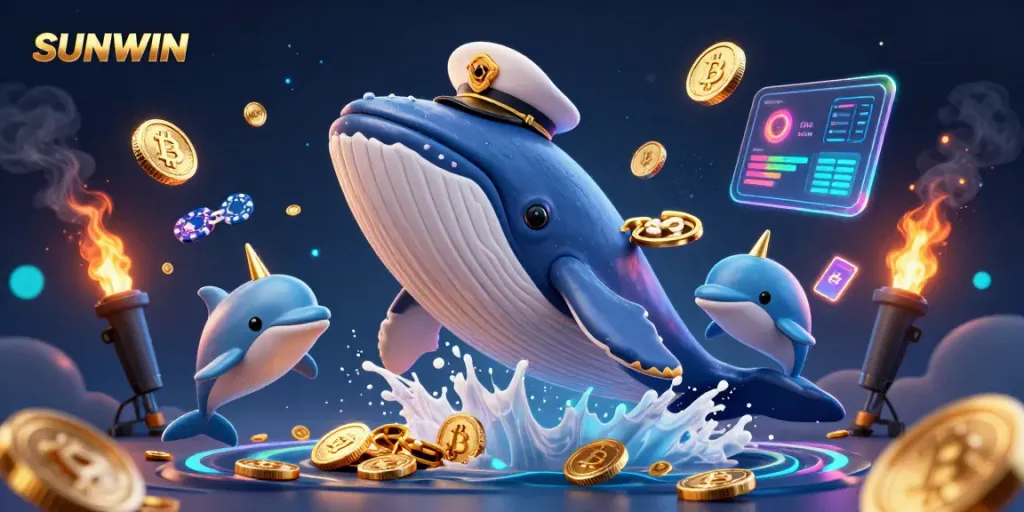 Experience the thrills of SUNWIN with a whimsical 3D scene featuring a giant whale and playful dolphins amidst coins.
