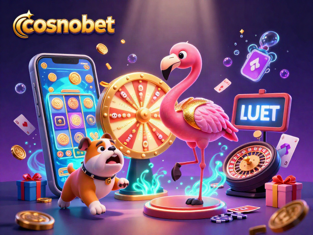 Spin the golden prize wheel at cosmobet with lively characters and vibrant casino elements.