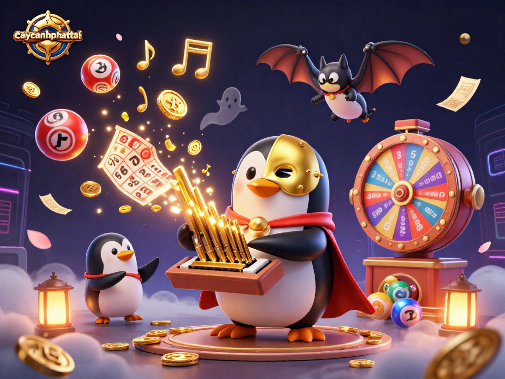 Experience the thrilling action of caycanhphattai with a vibrant 3D illustration featuring a penguin and lively casino elements.