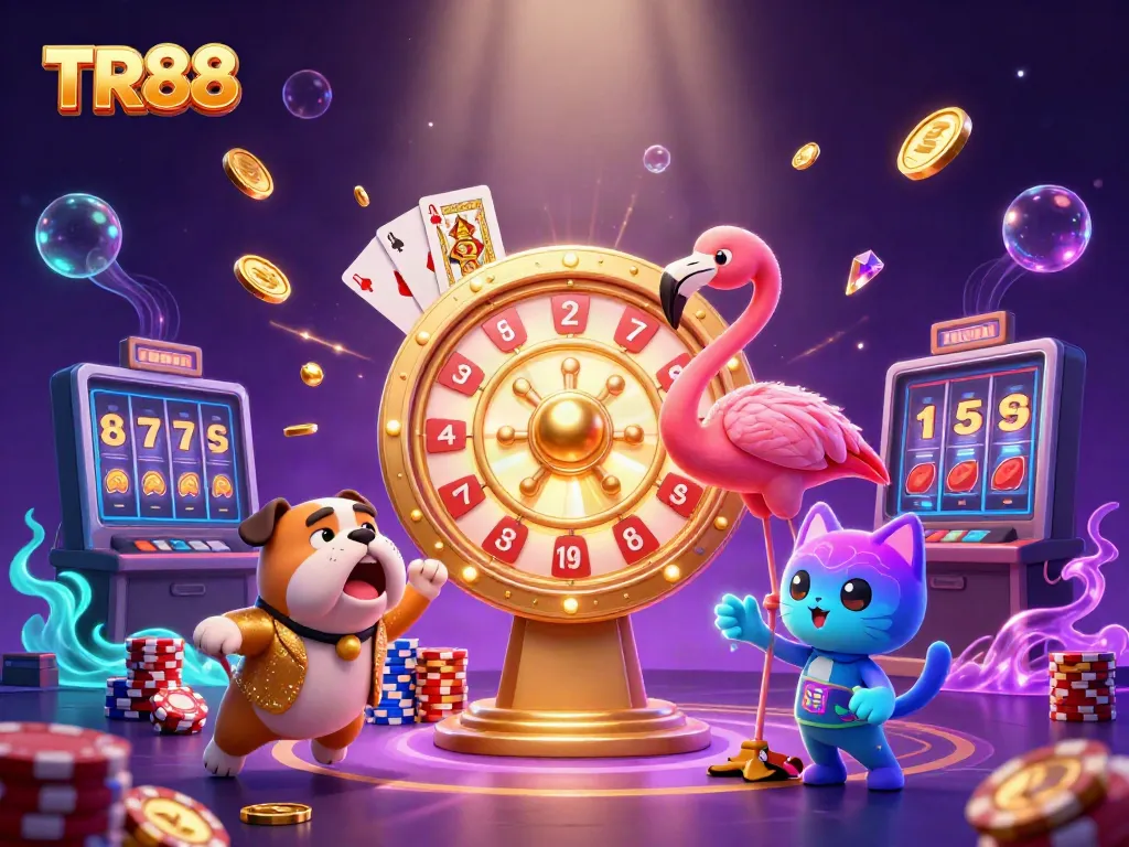 Experience TR88 excitement with a vibrant scene featuring game characters and casino elements.