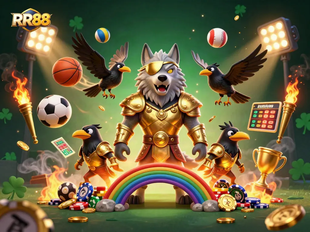 Experience the thrill of RR88 with dynamic casino elements in a vibrant 3D illustration.