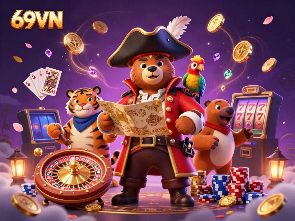 Join the fun at 69VN with a pirate captain bear, a fierce tiger, and treasures galore!