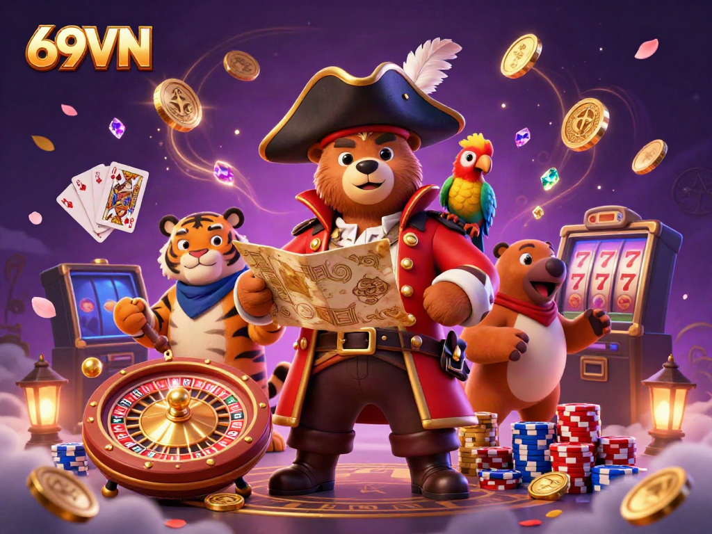 Join the fun at 69VN with a pirate captain bear, a fierce tiger, and treasures galore!