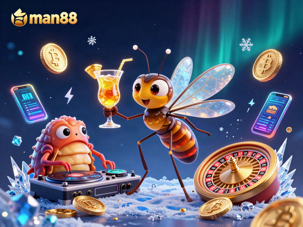 man88 brings excitement alive in a vibrant 3D scene with rich gaming elements and crypto coins.