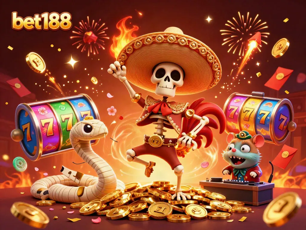 Win big with bet188 in this festive casino scene featuring lucky symbols and characters!