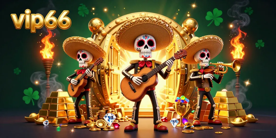 Engage in winning strategies with vip66 in a vibrant casino scene featuring a mariachi band and treasure.