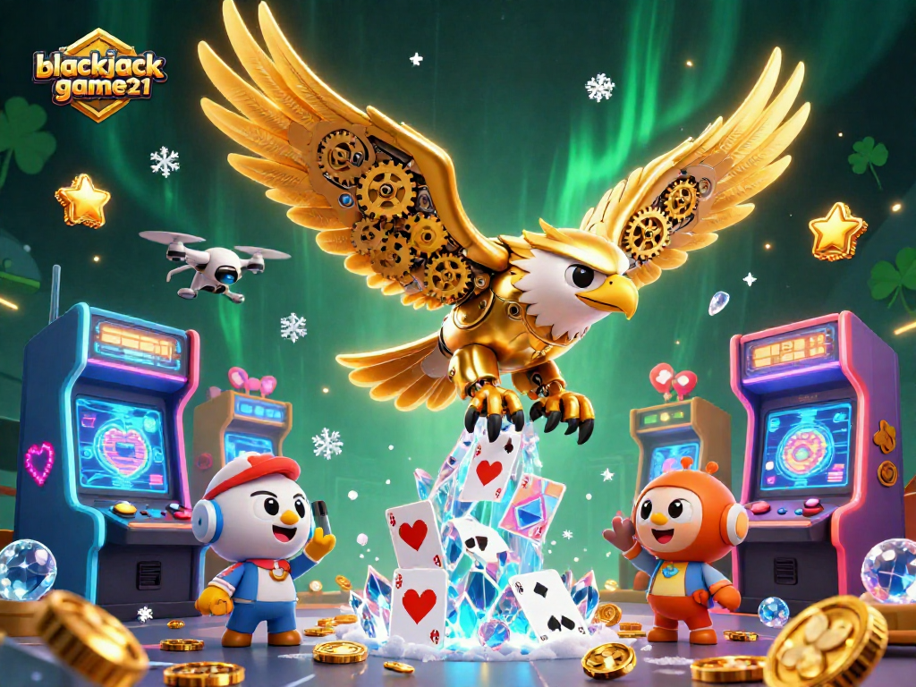 Engage in immersive fun with blackjack-game21, featuring a dynamic 3D illustration of a golden eagle amidst holographic cards.