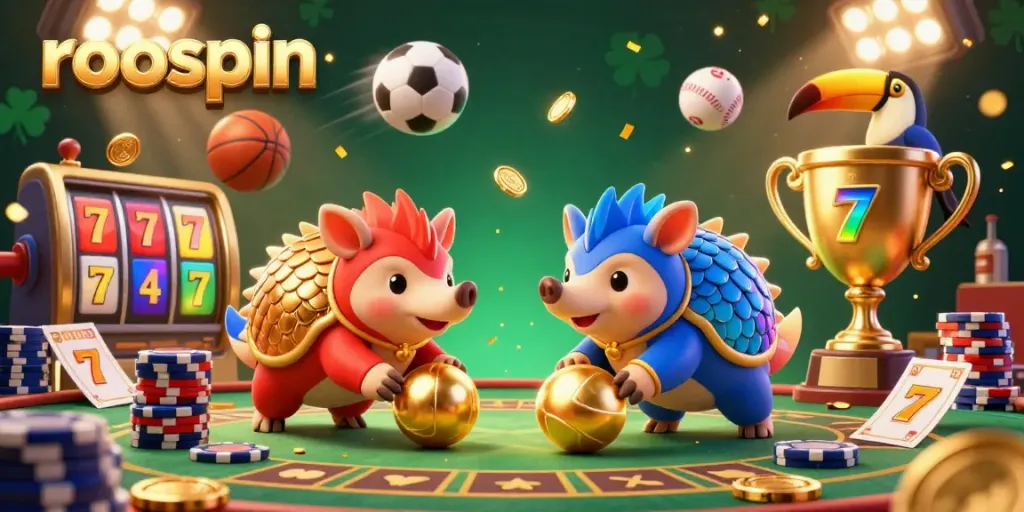 Engaging roospin scene with dynamic pangolins and golden gaming elements for casino enthusiasts.