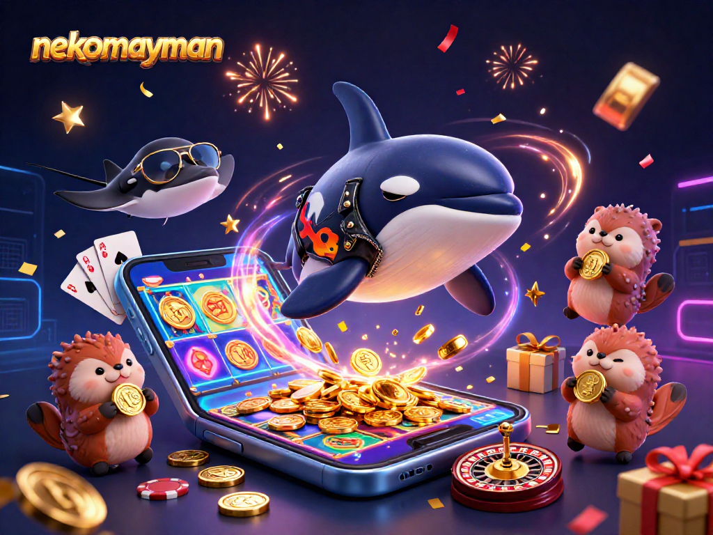 Neko May Mắn showcases interactive slot features with exciting winning animations and golden coins.