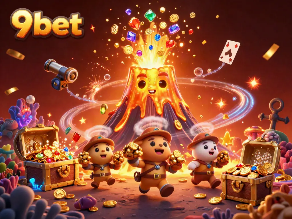 Experience the excitement of 9bet with a vibrant illustration of victory and treasure from live casino games.