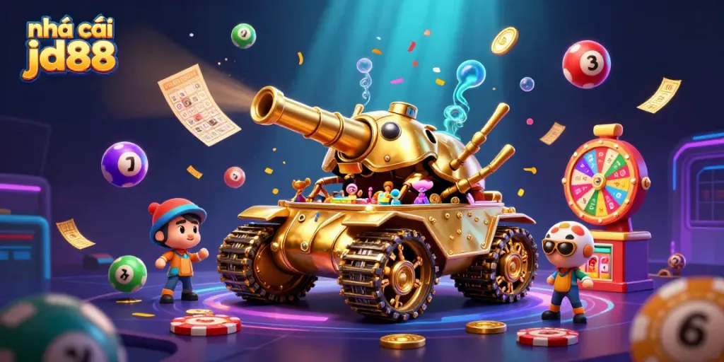 Experience the excitement of nhà cái jd88 with this dynamic 3D casino illustration featuring a golden beetle tank.