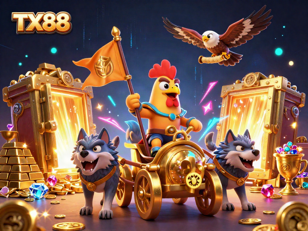 Engage with thrilling TX88 gaming adventures alongside a rooster warlord in a vibrant, treasure-filled scene.