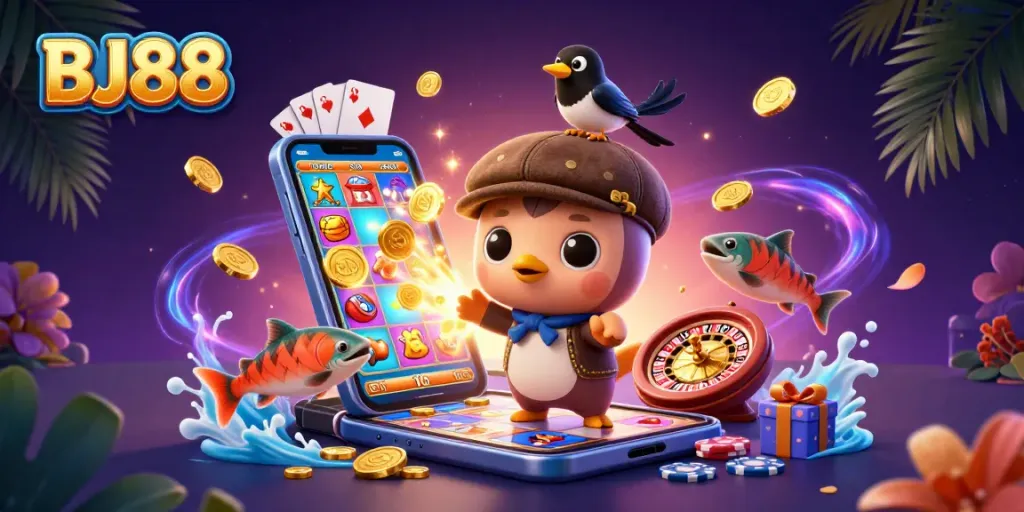 BJ88 illustrates immersive gaming with cartoon Nessie and casino elements, showcasing excitement and fun.