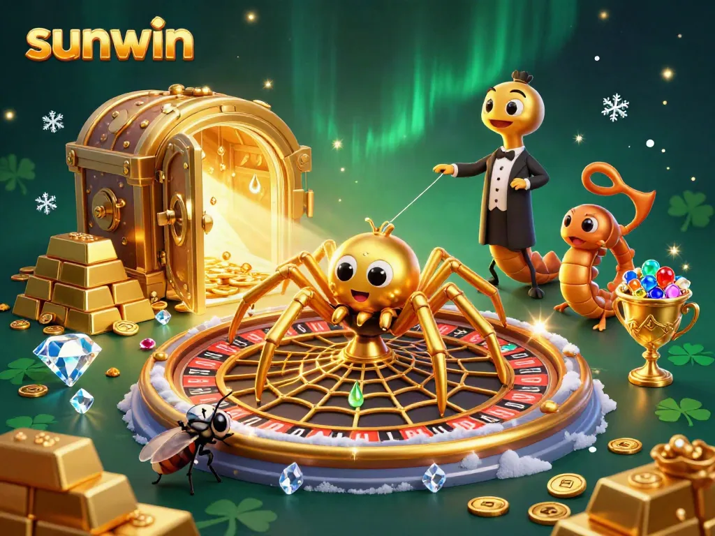 Sunwin offers an exciting online gambling experience highlighted by a dynamic roulette scene featuring vibrant characters and rich golden elements.