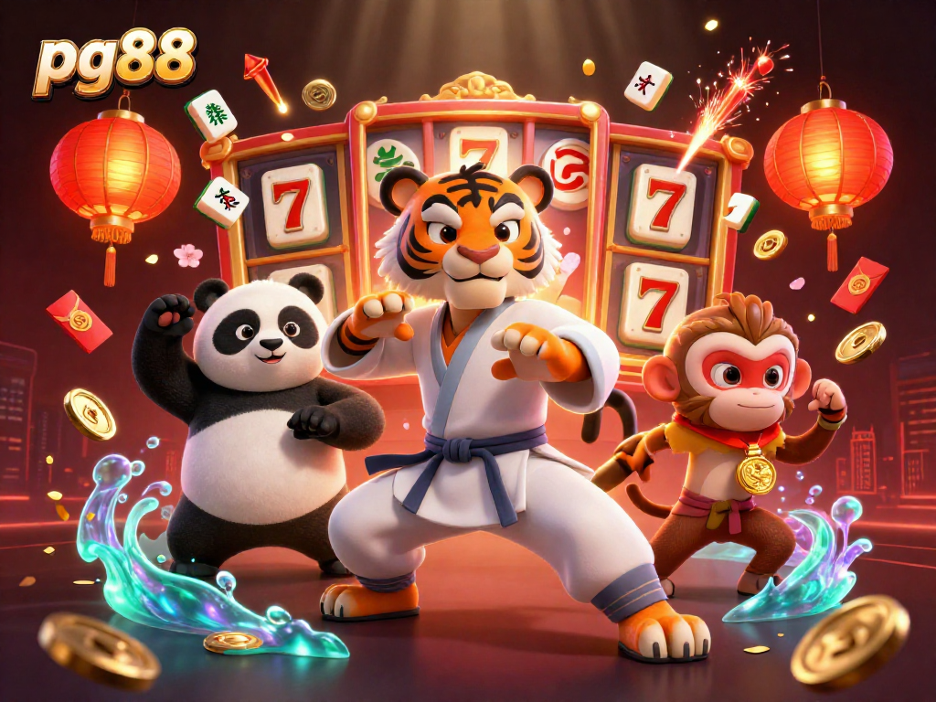 Experience thrilling gameplay at pg88 with a lively illustration of a kung fu master amidst gambling elements and celebrations.