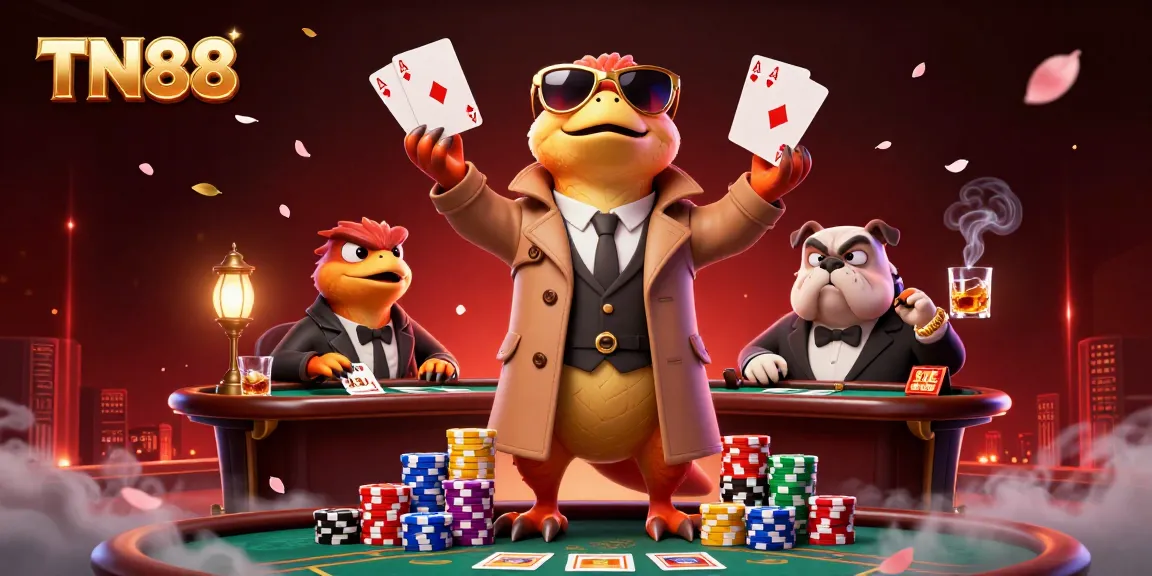 Three raptors in a trench coat playfully attempt to enter a VIP lounge at a casino in a vibrant TN88 themed scene.