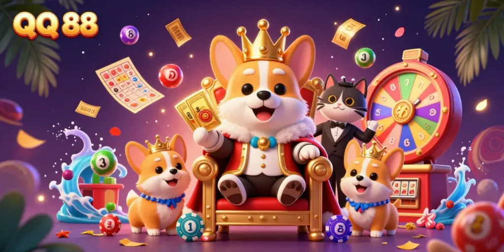 Experience the thrill of gaming with QQ 88 as a royal corgi sits on a throne surrounded by vibrant casino elements.