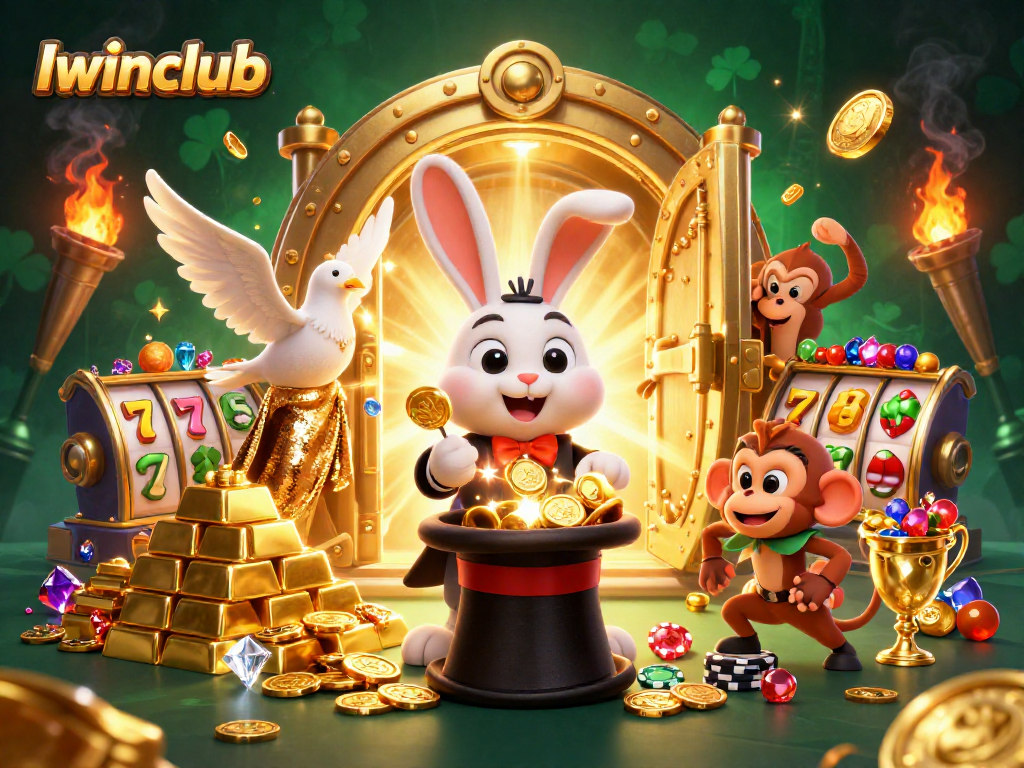 Iwinclub offers thrilling slots with a magical rabbit pulling coins in an engaging casino scene.
