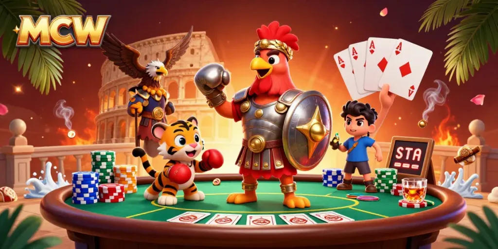 Engage in thrilling gameplay with MCW's vibrant casino scene featuring a gladiator rooster and tiger cub.