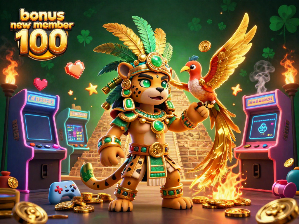 Engage with the bonus new member 100 promotion in this vibrant 3D casino illustration featuring dynamic game elements.