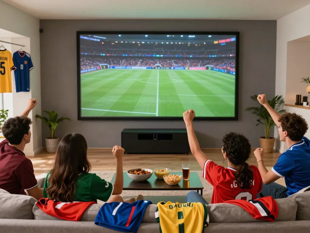 Friends enjoying a live football match on Xoilactv in a cozy home theater.