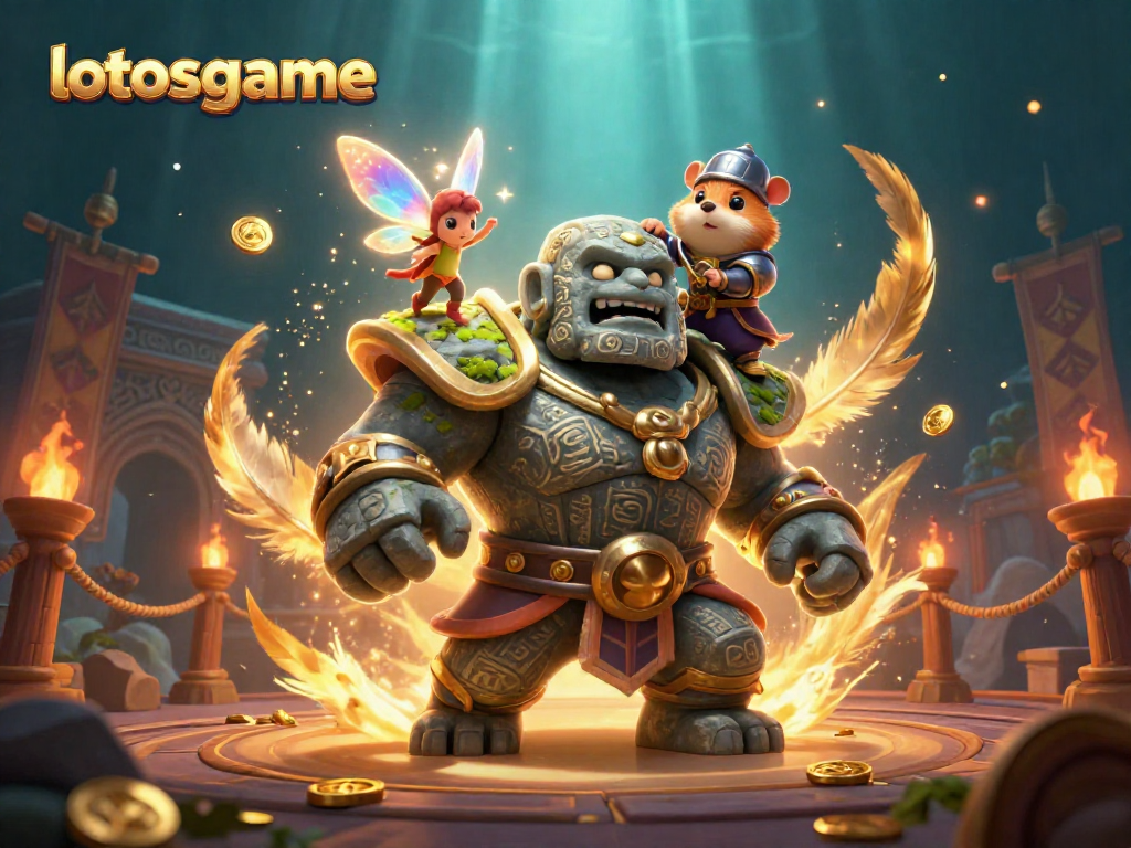 Experience thrilling adventures in lotosgame with a stone golem and magical companions.
