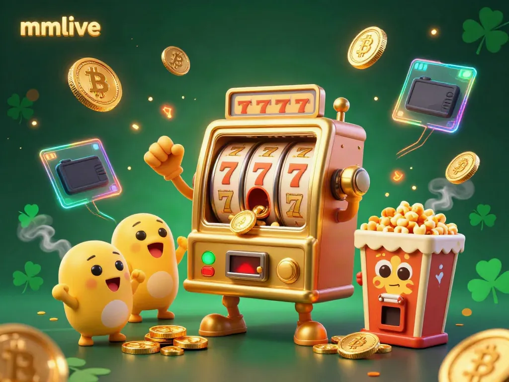 Experience the excitement of mmlive with a golden slot machine hitting a jackpot, surrounded by crypto coins and cheering baby machines.