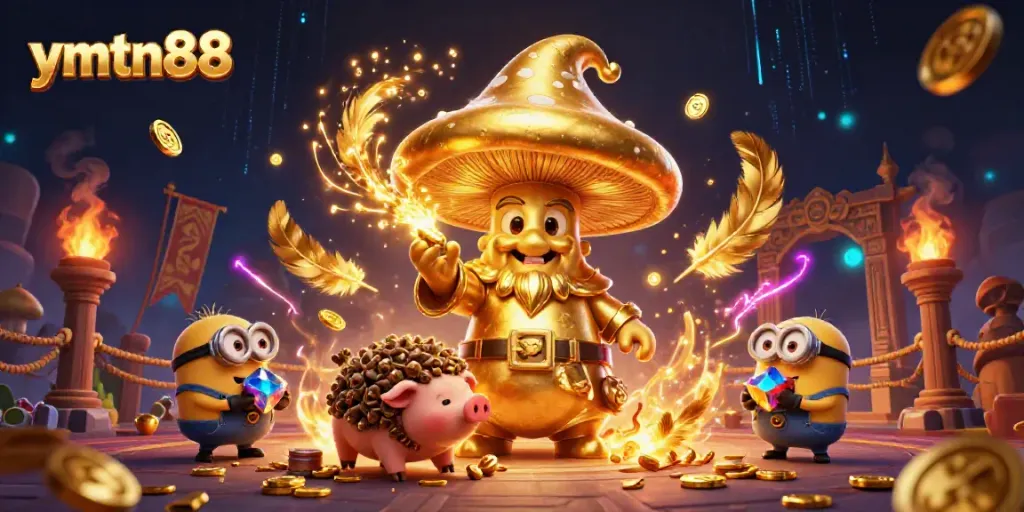 Experience the mystical world of ymtn88 with a golden wizard and treasure-hunting pig amidst magical casino elements.