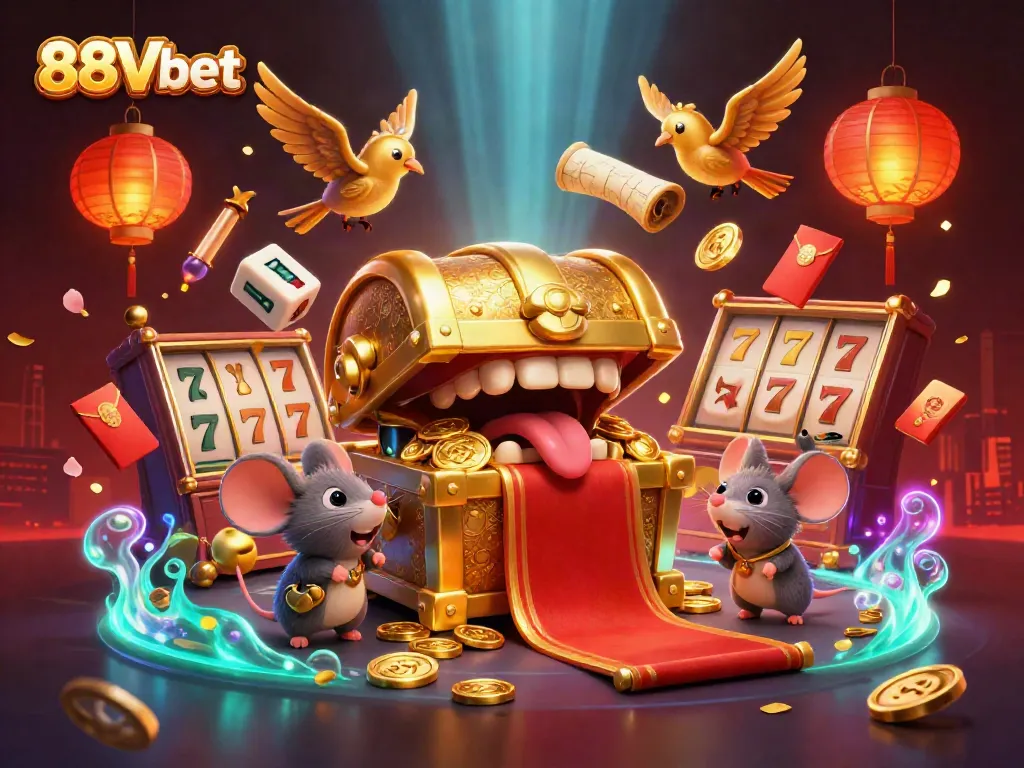 Engaging scene of adventurer mice drawn to the golden treasures of 88Vbet, surrounded by captivating casino elements.