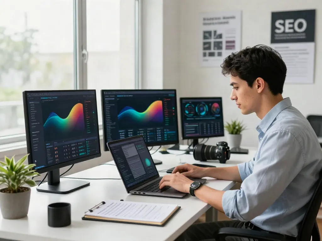 SEO professional demonstrating instant indexing strategies in a vibrant office setting.