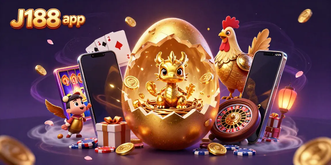 Experience the excitement of the J188 app with a golden dragon, poker chips, and dynamic gaming elements.