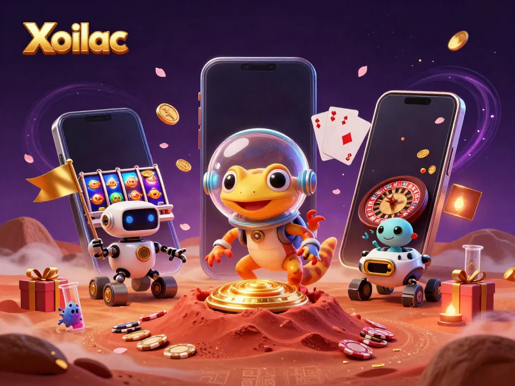 Xoilac showcases a Martian gecko with vibrant casino games, captivating the excitement of space gambling.