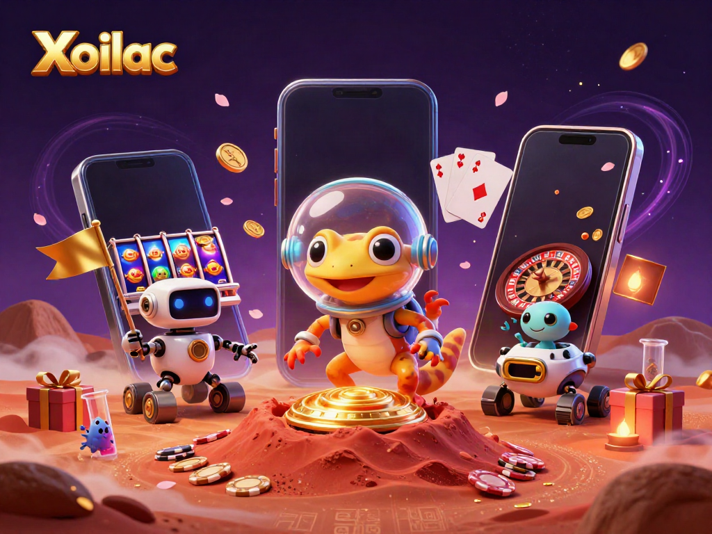 Xoilac showcases a Martian gecko with vibrant casino games, captivating the excitement of space gambling.