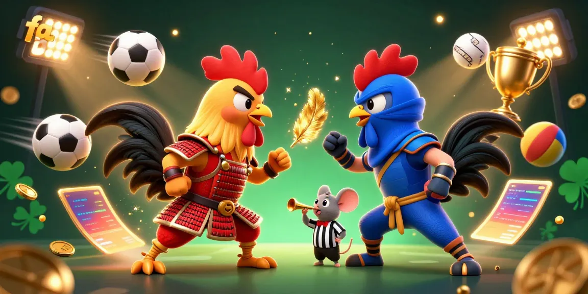 A dramatic standoff with fa bet's twin roosters in armor, showcasing dynamic sports elements and vibrant casino action.