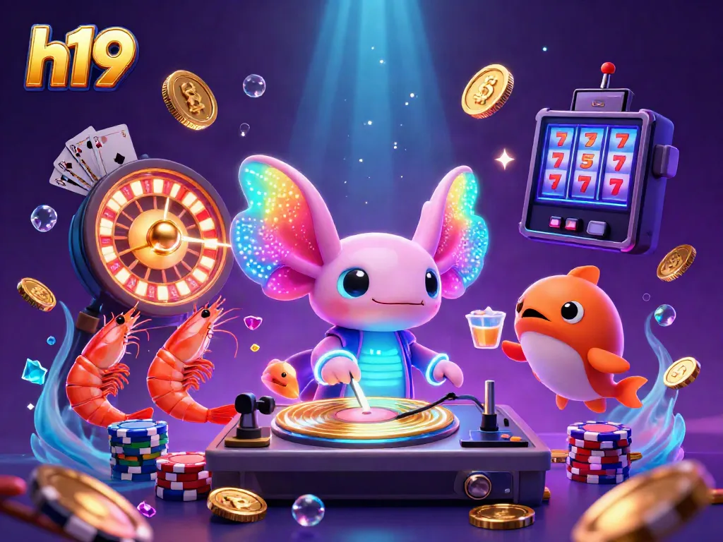 Bet on h19 with a vibrant 3D illustration featuring an axolotl DJ spinning records surrounded by casino elements.