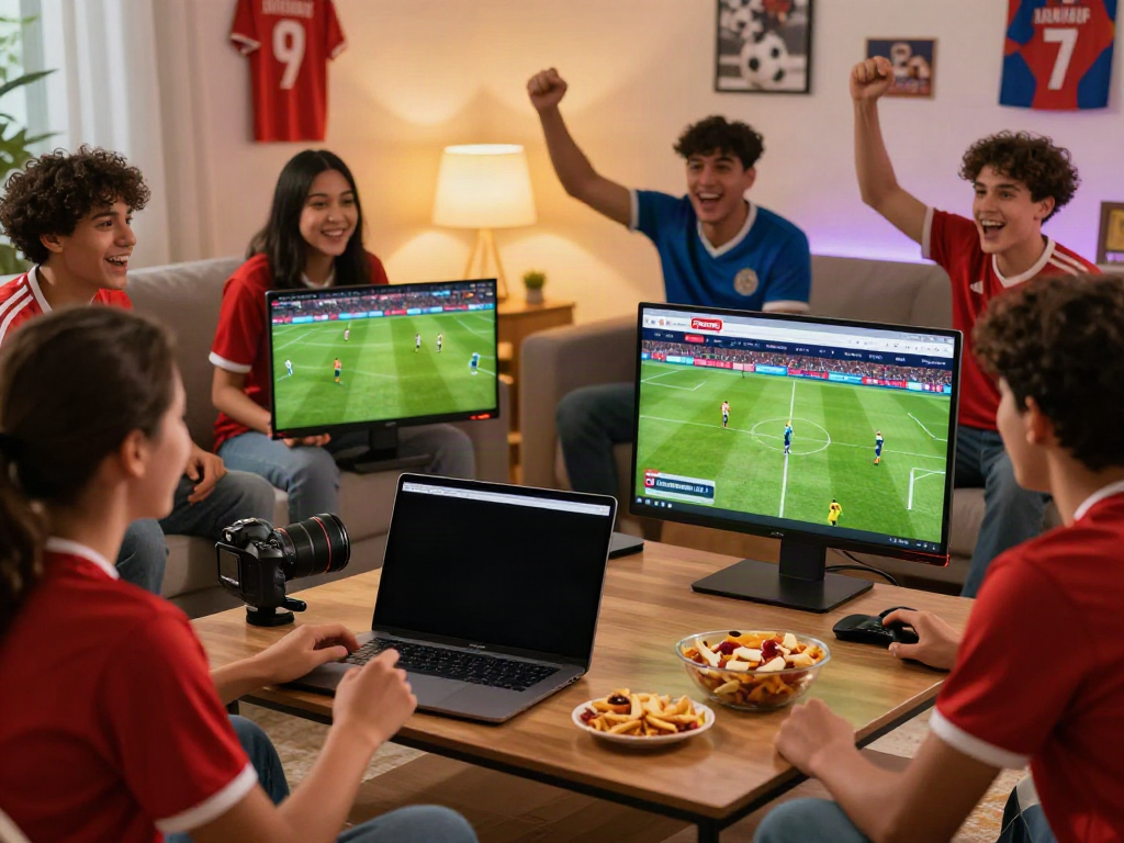 Fans enjoying a live soccer match on Gavangtv in a vibrant home setting.