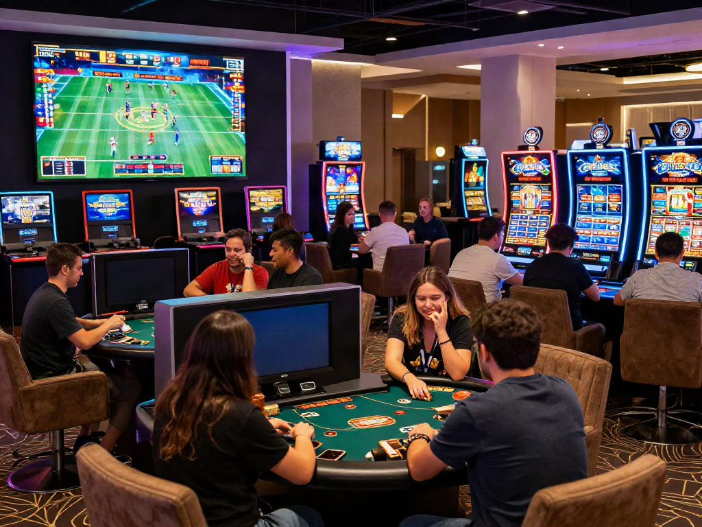 Players immersed in exciting games at 9bet.com online casino with vibrant atmosphere.