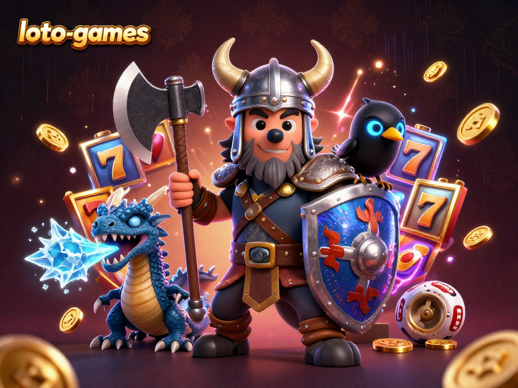 Experience thrilling jackpots at loto-games with 3D Viking warrior, dragon, and vibrant casino elements.