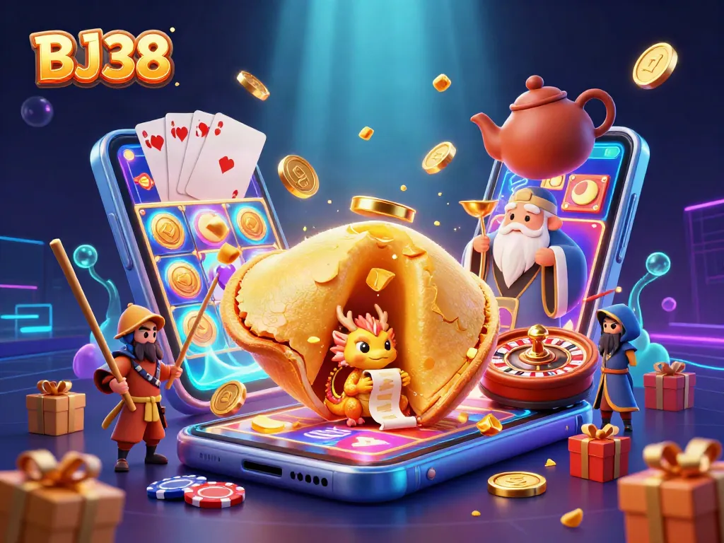 Engage in thrilling gaming action with BJ38, featuring a vibrant scene of fortune, winnings, and luck.