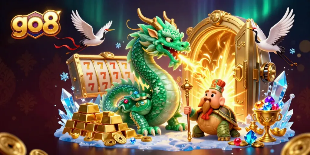 Experience the vibrant world of go8 slots with a dragon, treasure, and dynamic gambling elements.
