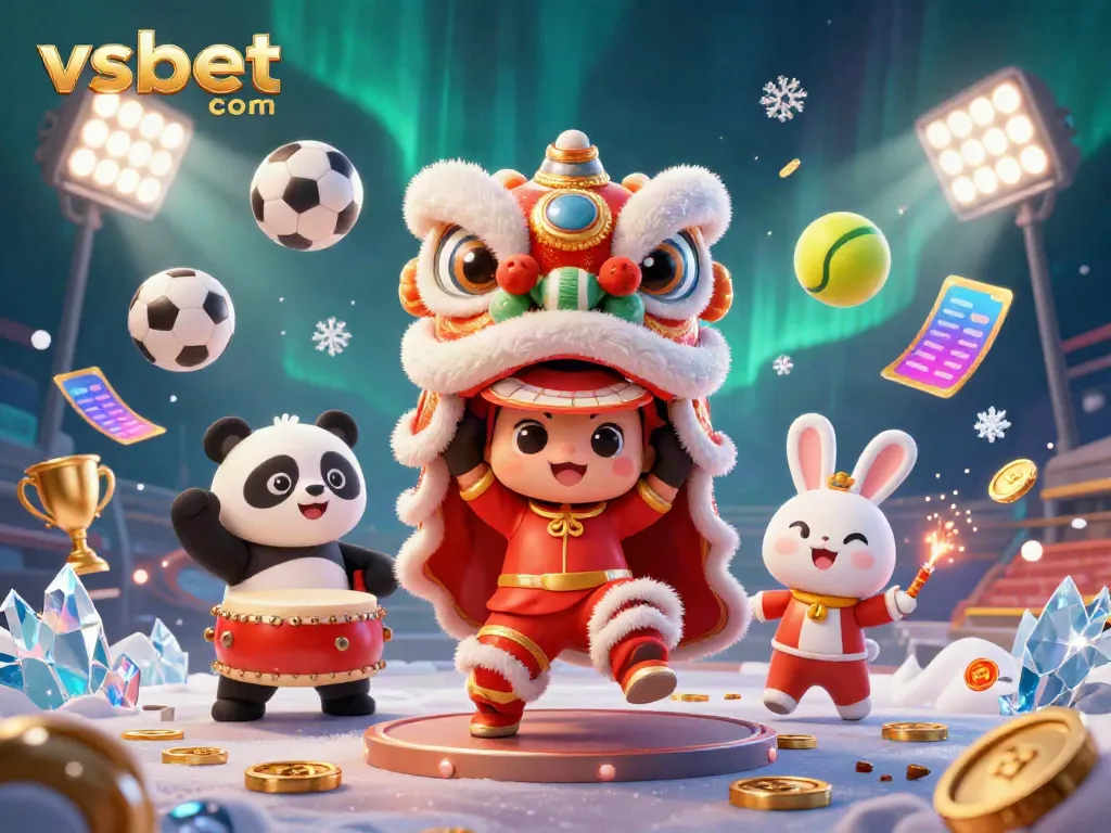 Engage in thrilling bets at vsbet com, featuring a lively celebration with animated characters and sports elements.