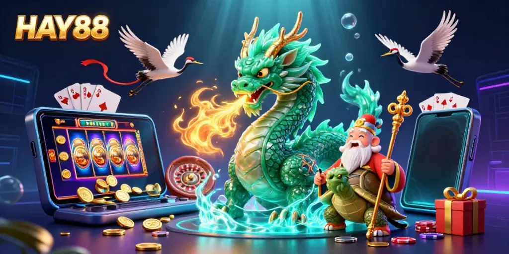 Experience the thrilling gameplay of HAY88 with a jade dragon and vibrant casino elements.