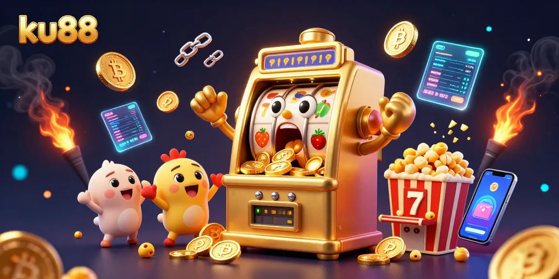 ku88 slot machine hits jackpot with coins pouring out, amidst vibrant casino elements.