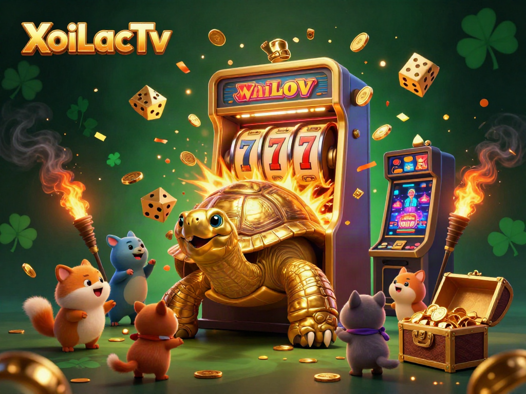 XoiLacTv showcases a vibrant casino scene with a golden tortoise as a pinball machine, slot machine, and dynamic gaming elements.